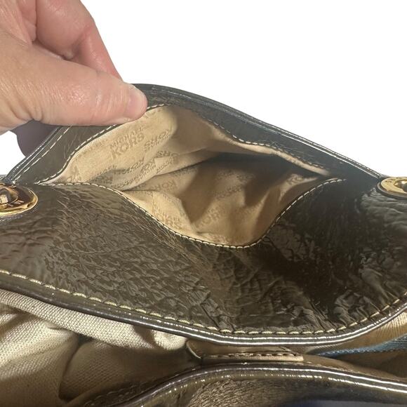 Michael Kors Brown Patent Leather Tote Bag Gold Hardware Shoulder Handbag - Picture 11 of 13